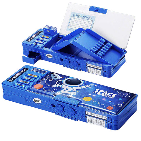 Pop up Multifunction Pencil Case for Kids Astronaut Spacesuit Pen Box Bag Pencil Holder for School Students Starry Sky Cute Pencil box for Boys with Sharpener Password Lock Schedule Whiteboard (Blue?