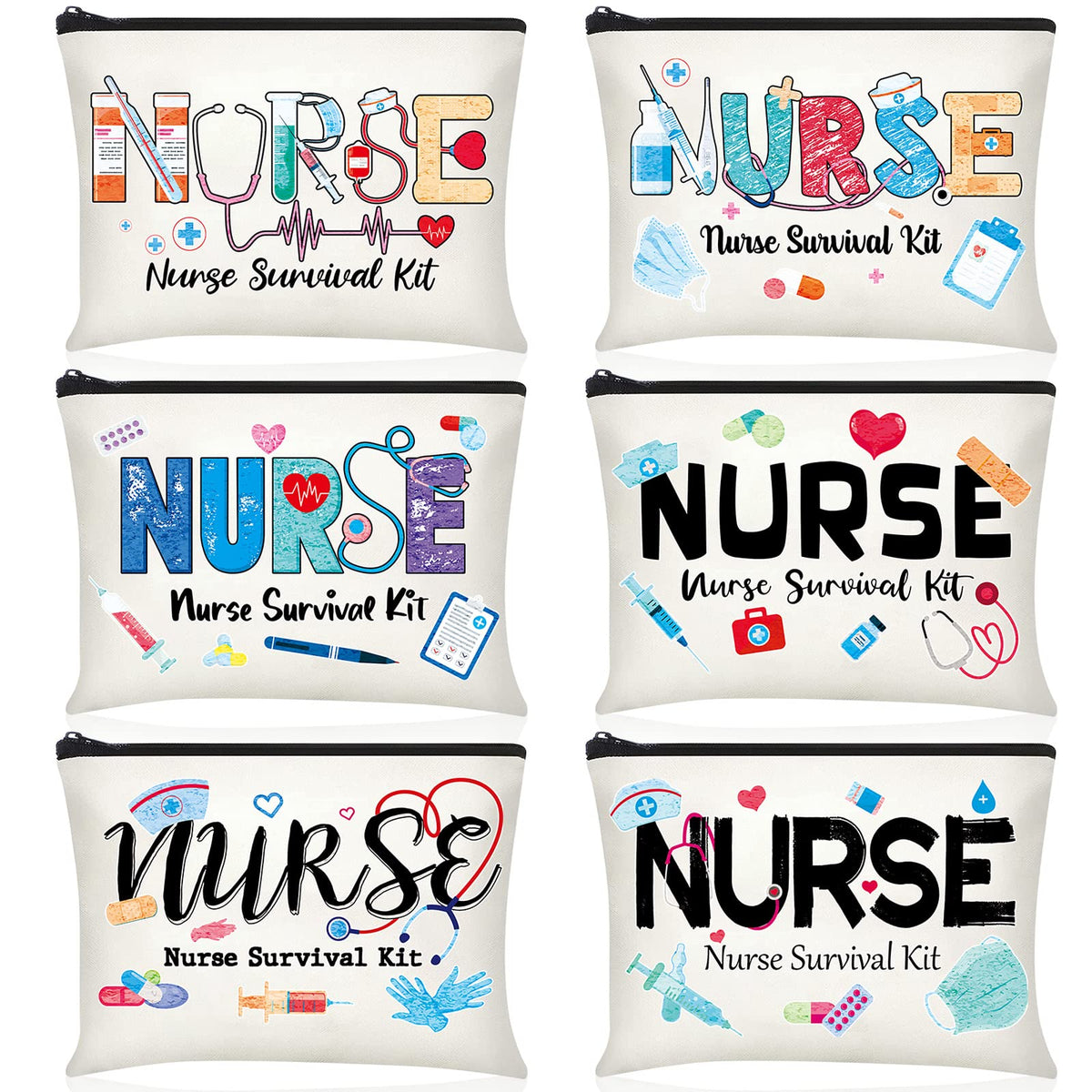 Photect 6 Pieces Nurse Makeup Bags Nurse Canvas Cosmetic Bag Nurse Survival Kit Travel Pouch Bag Nursing Zipper Pouch Nurse Gift for Women Girls Nurses School Nurse Practitioner Supplies, Beige