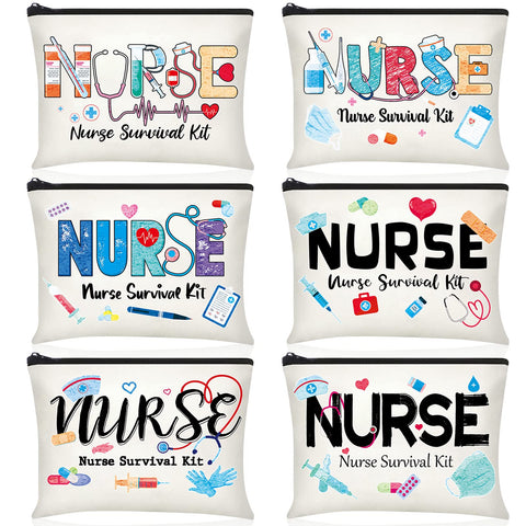 Photect 6 Pieces Nurse Makeup Bags Nurse Canvas Cosmetic Bag Nurse Survival Kit Travel Pouch Bag Nursing Zipper Pouch Nurse Gift for Women Girls Nurses School Nurse Practitioner Supplies, Beige