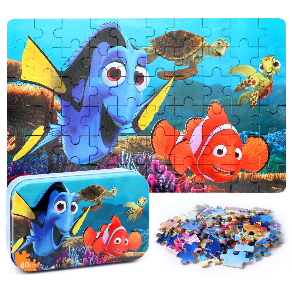 LELEMON Ocean Puzzles for Kids Ages 4-8,Underwater World 60 Piece Puzzles for Kids Ages 3-5,Children Jigsaw Puzzles Kids Puzzles in a Metal Box,Educational Learning Puzzle Toys for Girls and Boys