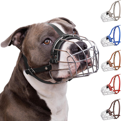 BRONZEDOG Pitbull Dog Muzzle Breathable Metal Basket for Large Dogs Amstaff Staffordshire Terrier Biting Chewing Barking (Black)