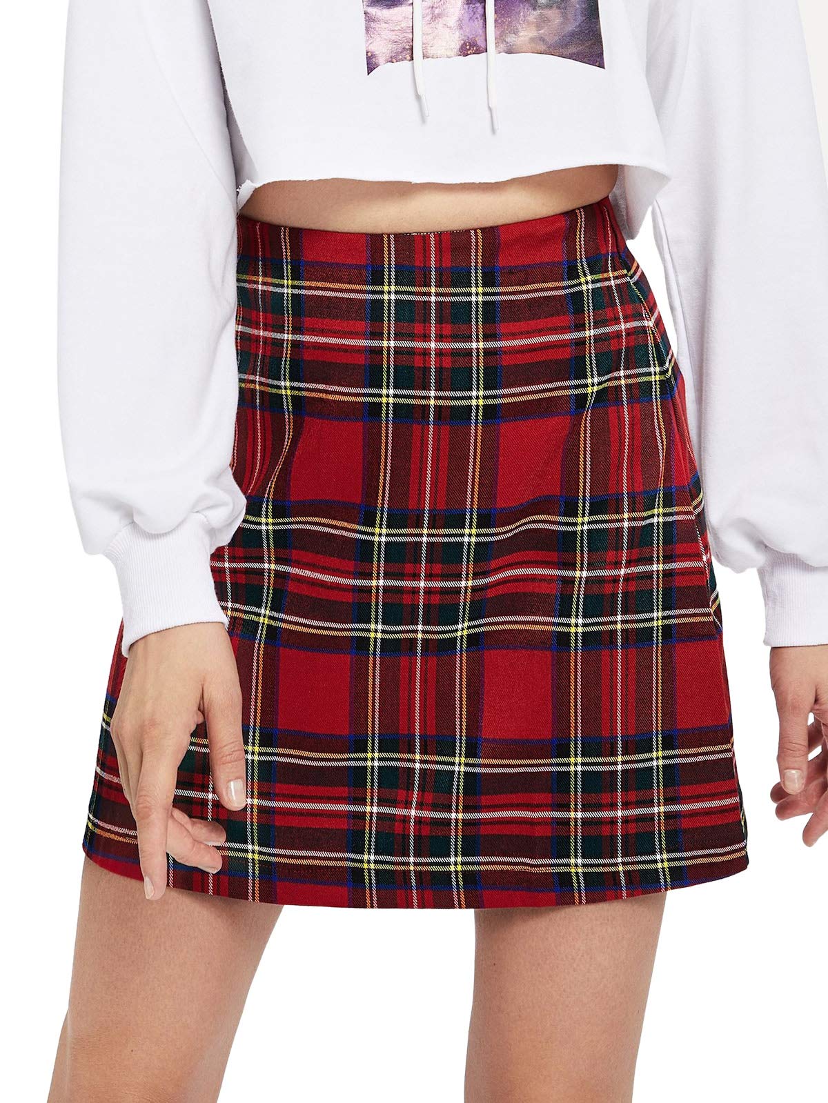 MAKEMECHIC Women's Plaid Skirt Zipper Back High Waist A-Line Mini Skirt Red S