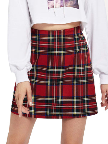 MAKEMECHIC Women's Plaid Skirt Zipper Back High Waist A-Line Mini Skirt Red S