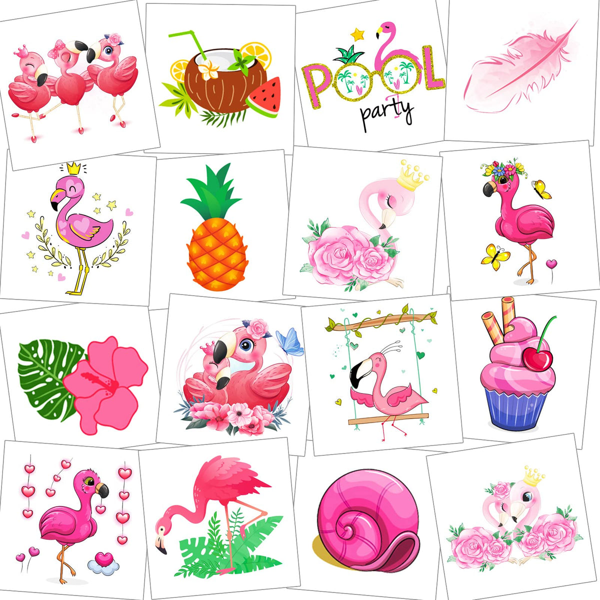 HOWAF Pink Flamingo Temporary Tattoos, 12 Pieces Summer Pool Themed Fake Tattoos for Kids, Waterproof Hawaiian Tropical Tattoos Stickers for Flamingo Themed Birthday Party Supplies Favors
