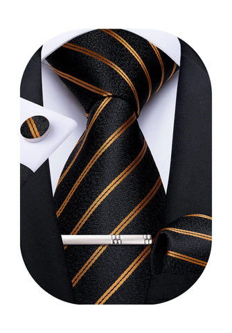 DiBanGu Mens Striped Tie Silk Woven Necktie and Pocket Square Cufflinks Tie Clip Set Wedding Business Formal Gift Tie for Men, Black and Gold