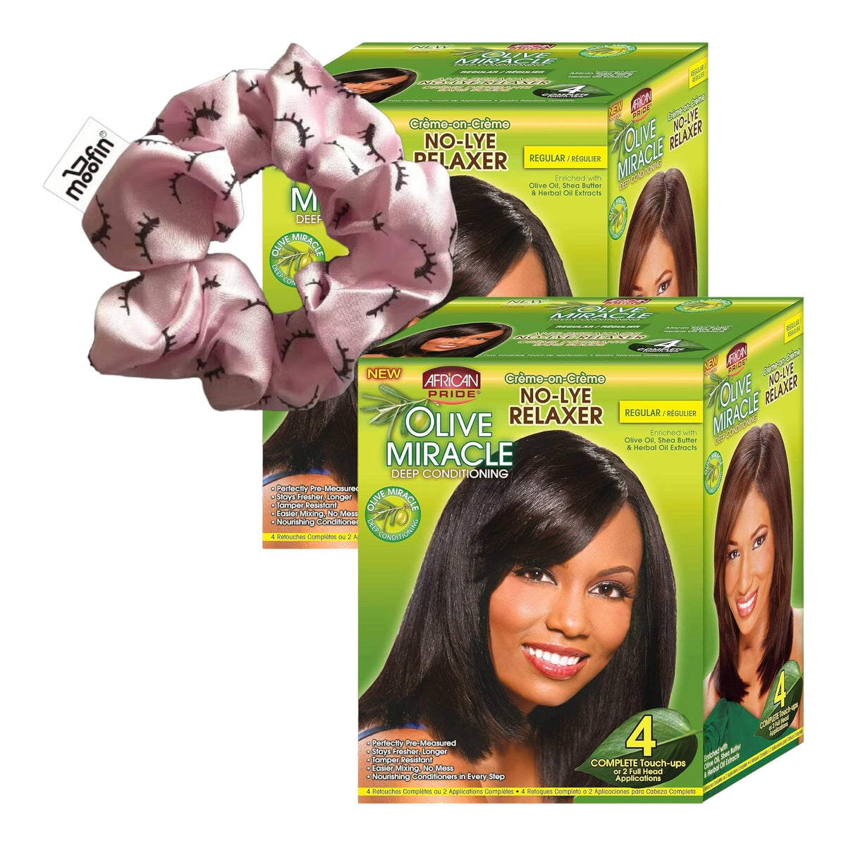 Olive Miracle Deep Conditioning No-Lye Relaxer Kit, 4 - Gentle Formula with Olive Oil & Shea Butter for Silky Smooth Hair, Bundle with Moofin Hair Tie, for Straight (Pack of 2)