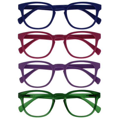 OPULIZE Pop Reading Glasses 4 Pack Fun Round Matt Frame Blue Fuscia Pink Purple Moss Green Spring Hinges Scratch Resistant Mens Womens RRRR2-3456 +3.00