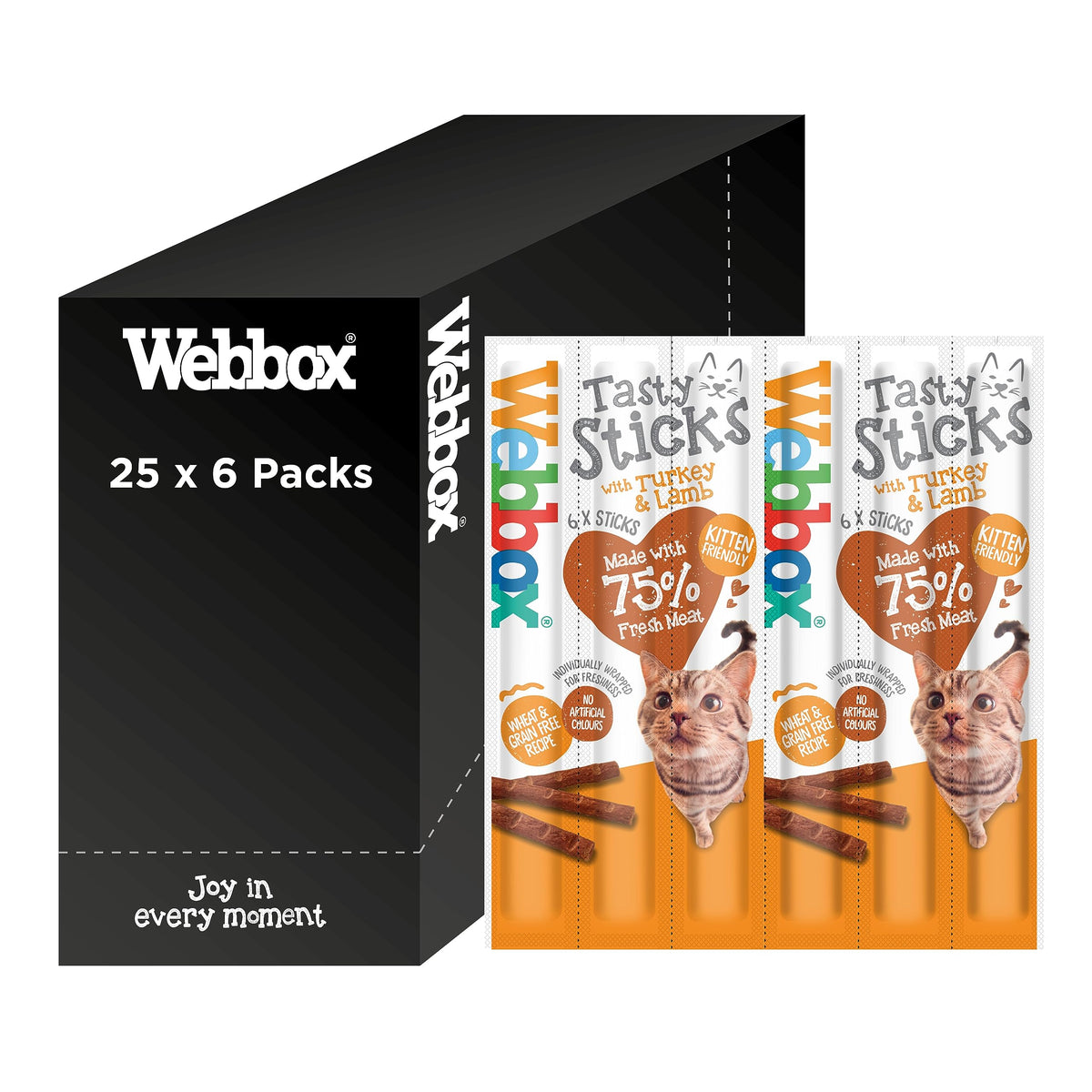 Webbox Tasty Sticks Cat Treats, Turkey and Lamb - Kitten Friendly, Wheat and Grain Free, No Artificial Colours (25 x 6 Packs)