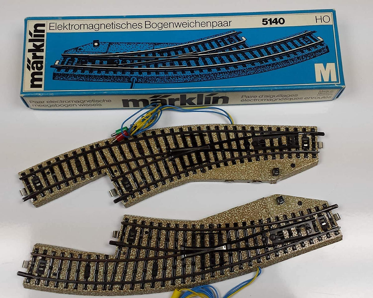 MARKLIN HO ELECTROMAGNETIC SWITCHES M Tracks Curves TURNOUTS Pair 5140 (Last Version) with Original Box+PAPERWORKS