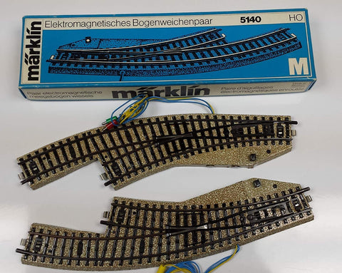 MARKLIN HO ELECTROMAGNETIC SWITCHES M Tracks Curves TURNOUTS Pair 5140 (Last Version) with Original Box+PAPERWORKS
