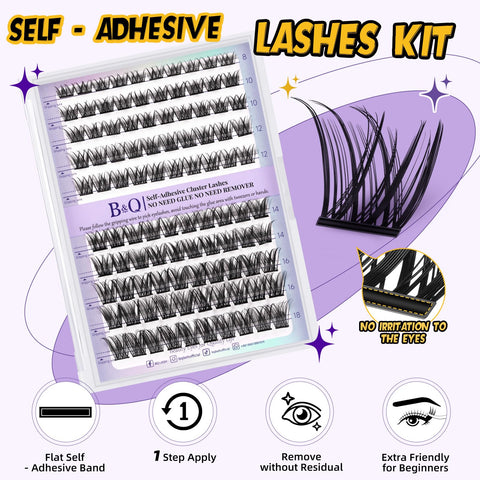 B&Q Self Adhesive Eyelashes Extensions Kit 100 PCS Self Adhesive Lashes 8-18 Mixed No Glue Eyelashes ZC06 Press On Eyelashes Clusters Kit Natural Adhesive Lashes Self No Glue Needed (ZC06-D-MIX)