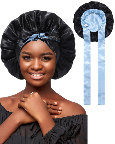 Satin Bonnet Silk Hair Bonnets for Women Curly Hair Wrap for Sleeping Cap Reversible Bonnet with Tie Band Night Cap Double Layer Sleep Cap for Curly Hair (Reversible Satin Bonnet (Black + Blue)