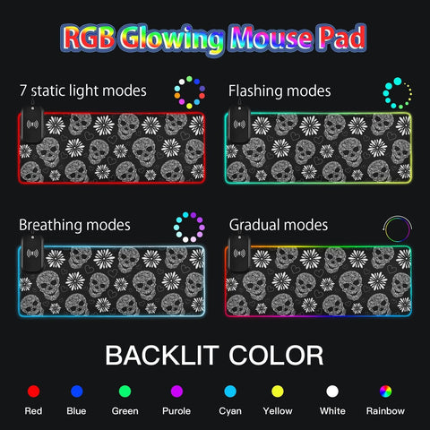 Floral Skulls Black Wireless Charging Mouse Pad for Mobile Phone Extra Large Gaming Mousepad with 13 Lighting Modes Extended Desk Mat for MacBook PC Laptop Desk Office Home Gaming
