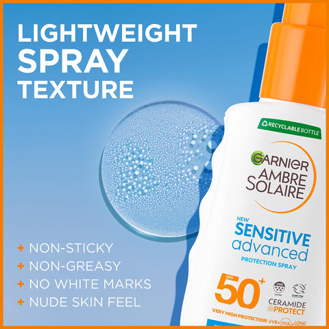 Garnier Ambre Solaire SPF 50+ Sensitive Advanced Sun Cream Spray, Factor 50, Water Resistant & Non Greasy Sunscreen, No Fragrance, UVA & UVB Protection, Approved by Cruelty Free International, 150ml