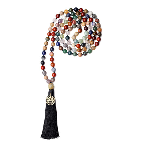 COAI Hand Knotted Tassel Multicolor Stone 108 Mala Beads Necklace Stone Beaded Necklace