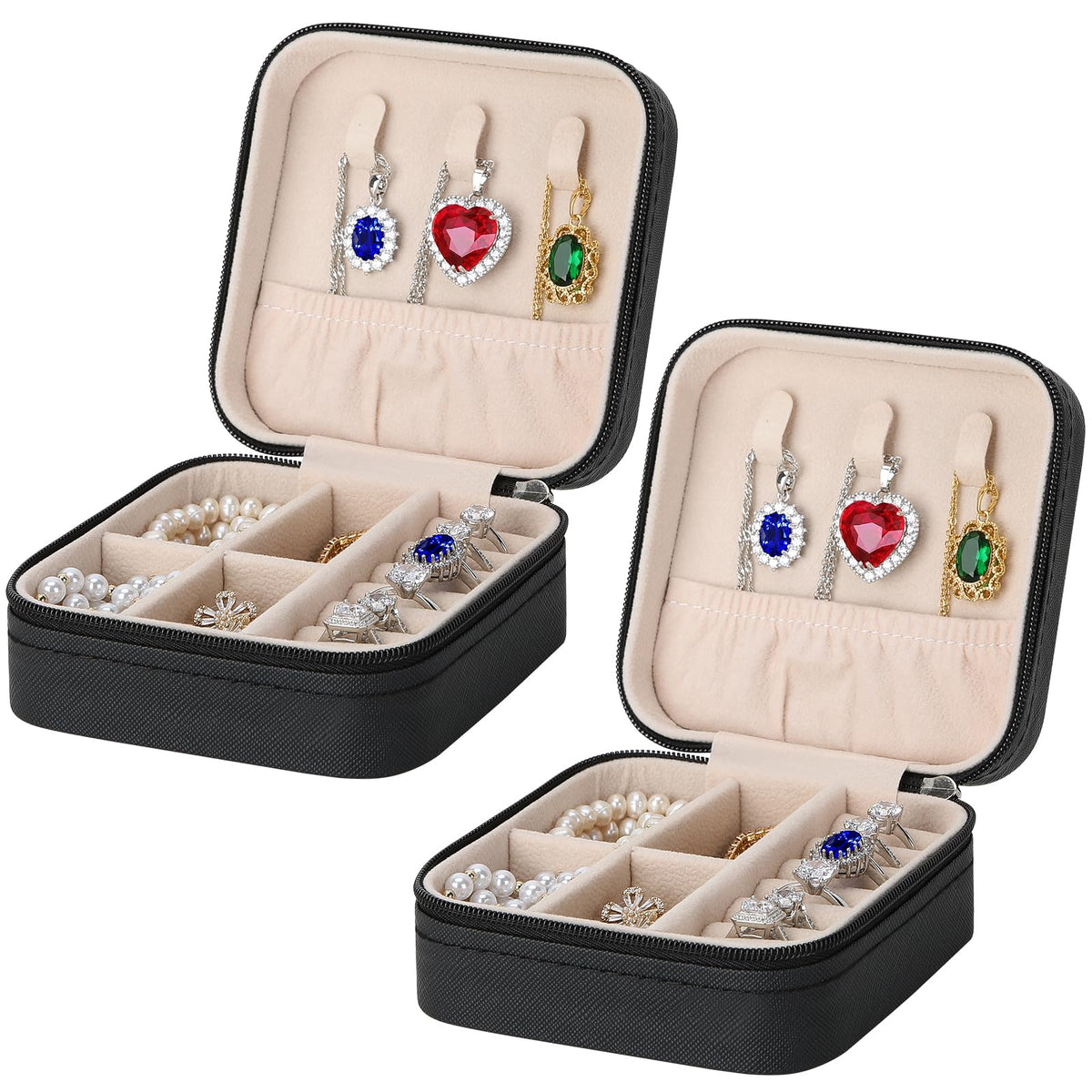 LETURE PU Leather Small Jewelry Box, Travel Portable Jewelry Case for Ring, Pendant, Earring, Necklace, Bracelet Organizer Storage Holder Boxes (BLACK-2PCS)
