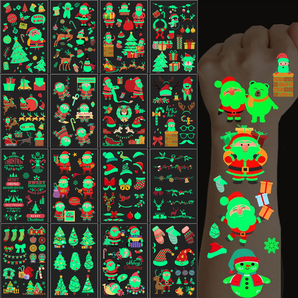 Christmas Temporary Tattoos for Kids, 260PCS Luminous Tattoos Xmas Waterproof Body Stickers, Glow in the Dark Santa Claus Face Fake Tattoo, Cute Holiday Party Favor Supplies Decorations for Adults