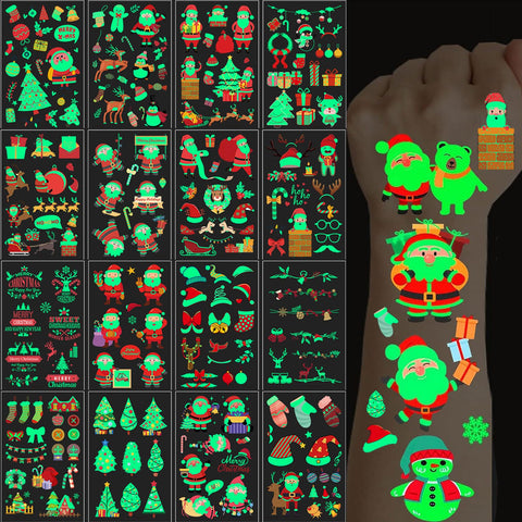 Christmas Temporary Tattoos for Kids, 260PCS Luminous Tattoos Xmas Waterproof Body Stickers, Glow in the Dark Santa Claus Face Fake Tattoo, Cute Holiday Party Favor Supplies Decorations for Adults