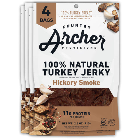 Country Archer 100% Natural Turkey Jerky, Gluten Free, Hickory Smoke, 2.5 oz (Pack of 4)