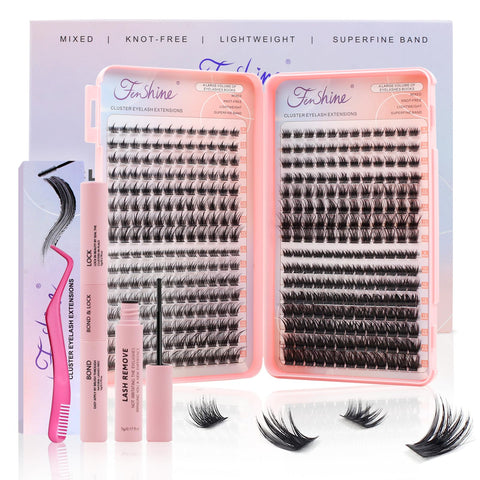 Fenshine Individual Eyelashes Extension Kit, 392Pcs 4 Styles D Curl Mix9-16mm Soft Natural Cluster Lashes, False Lashes for Personal Use at Home (Mix 9-16mm, Eyelashes Books kit)