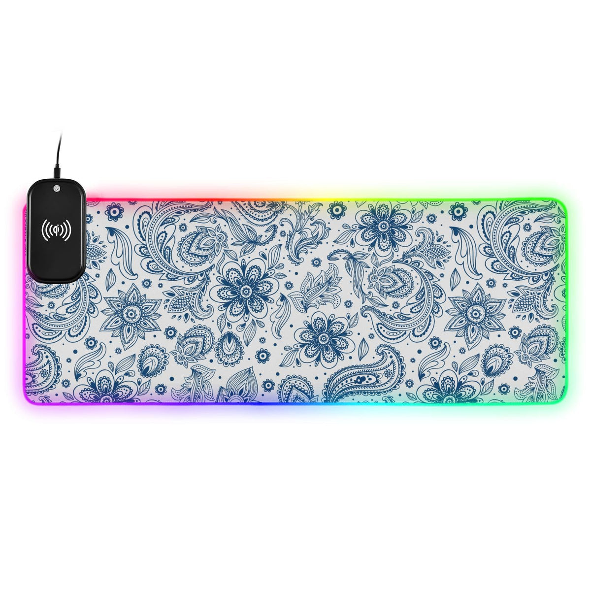 Boho Paisley Flower Wireless Charging Mouse Pad for Mobile Phone Extra Large Gaming Mousepad with 13 Lighting Modes Extended Desk Mat for MacBook PC Laptop Desk Office Home Gaming