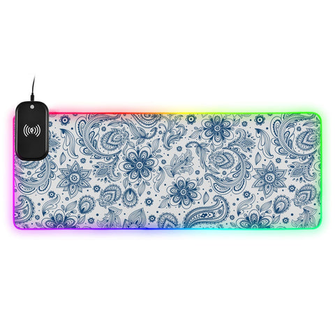 Boho Paisley Flower Wireless Charging Mouse Pad for Mobile Phone Extra Large Gaming Mousepad with 13 Lighting Modes Extended Desk Mat for MacBook PC Laptop Desk Office Home Gaming