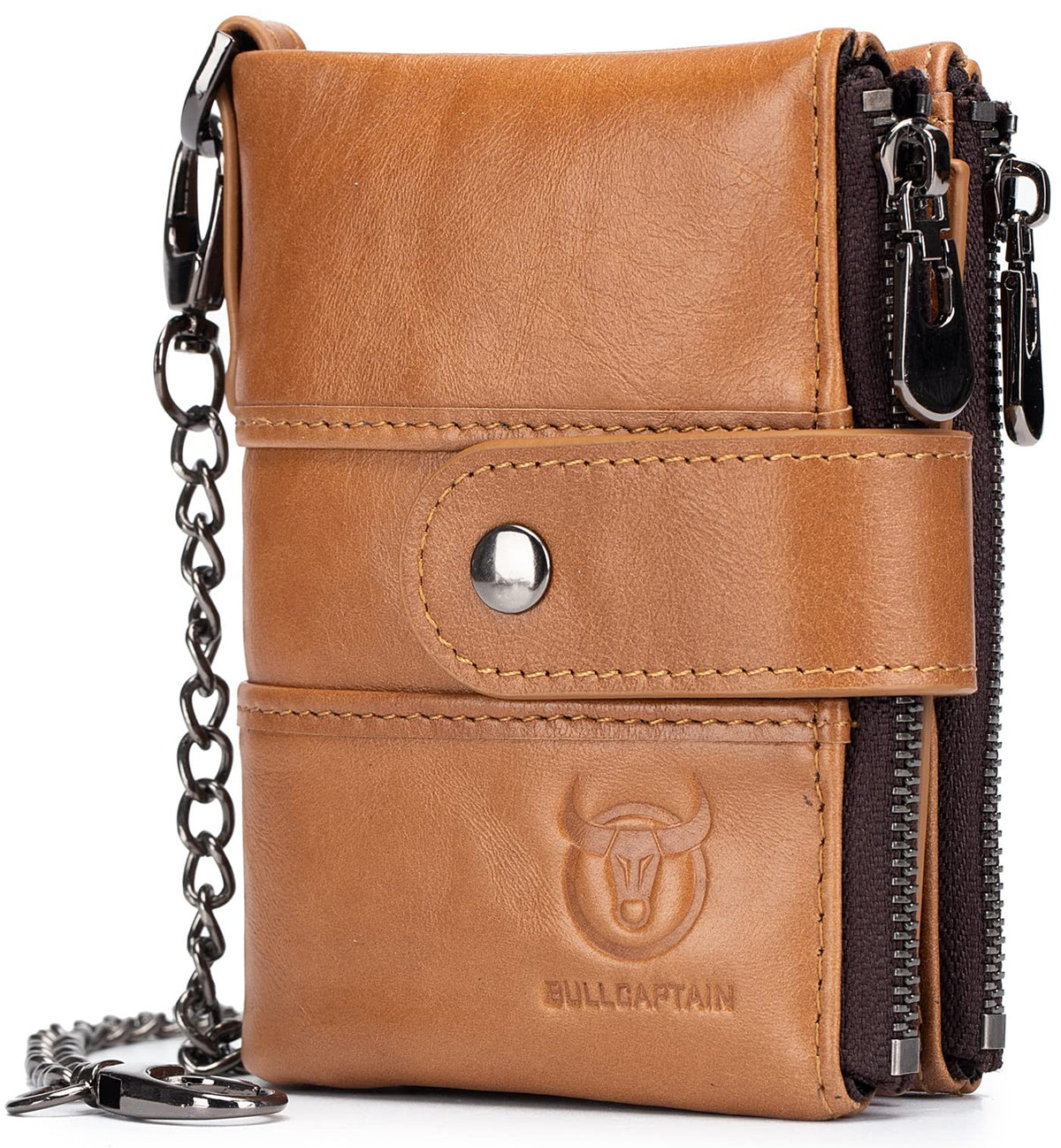 BULLCAPTAIN Genuine Leather Men Wallet with Anti-Theft Chain Large Capacity Double Zipper RFID Coin Purse with 2 ID Window (Yellow brown)