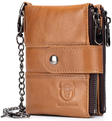 BULLCAPTAIN Genuine Leather Men Wallet with Anti-Theft Chain Large Capacity Double Zipper RFID Coin Purse with 2 ID Window (Yellow brown)