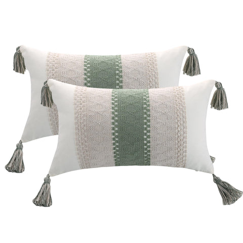 Tosleo Boho Throw Pillow Covers 12x20 inch Set of 2 with Tassles Green Striped Neutral Pillow Covers Textured Accent Modern Farmhouse Throw Pillows Bohemian Decorative Pillowcases for Couch Bed