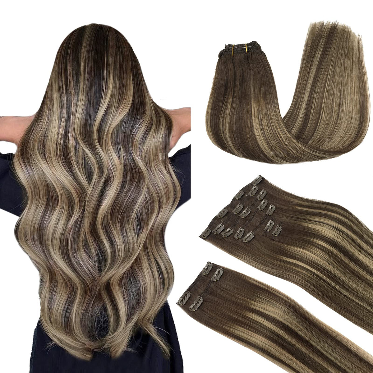 MAXITA Hair Extensions Clip in Real Human Hair, Balayage Chocolate Brown to Honey Blonde 9pcs 20 Inch Hair Extensions, 150g Thick Straight Remy Human Hair Extensions Long Human Hair Extensions