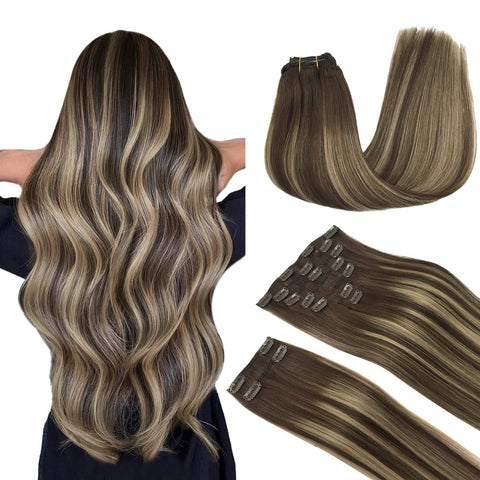 MAXITA Hair Extensions Clip in Real Human Hair, Balayage Chocolate Brown to Honey Blonde 9pcs 20 Inch Hair Extensions, 150g Thick Straight Remy Human Hair Extensions Long Human Hair Extensions