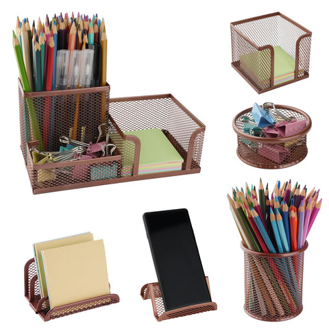 Uppmeant Desk Organizer for Office, 6 Pieces Mesh Desk Multi-functional Storage Set Office Supplies Accessories (Rose Gold)