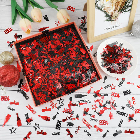 Konsait 2024 Graduation Confetti, Black Red Graduation Decor Party Supplies, 2 Oz/ 1500 Pieces Graduation Table Decorations Congrats Stars 2024 Cap Goblet Diploma Confetti for Birthday Grad Favors