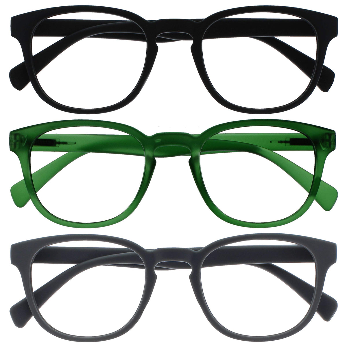 Opulize Pop Reading Glasses 3 Pack Fun Round Matt Frame Black Moss Green Grey Spring Hinges Scratch Resistant Mens Womens RRR2-167 +2.00