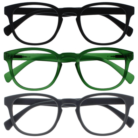 Opulize Pop Reading Glasses 3 Pack Fun Round Matt Frame Black Moss Green Grey Spring Hinges Scratch Resistant Mens Womens RRR2-167 +2.00