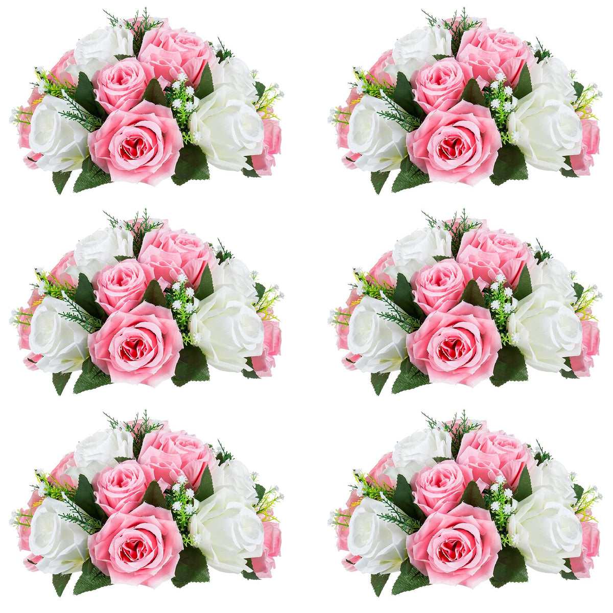 NUPTIO Pcs of 6 Fake Flower Ball Arrangement Bouquet,15 Heads Plastic Roses with Base, Suitable for Our Store's Wedding Centerpiece Flower Rack for Parties Valentine's Day Home DÃ©cor (Pink & White)