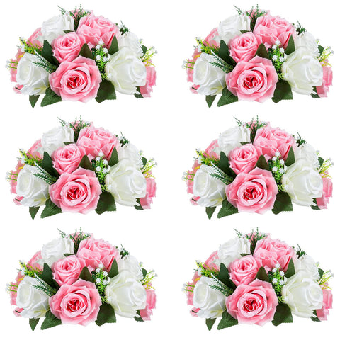 NUPTIO Pcs of 6 Fake Flower Ball Arrangement Bouquet,15 Heads Plastic Roses with Base, Suitable for Our Store's Wedding Centerpiece Flower Rack for Parties Valentine's Day Home DÃ©cor (Pink & White)