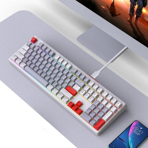 Gaming Keyboard, Plug and Play RGB Backlit Keyboard 108 Keys Silent for Home (Gray White Red)