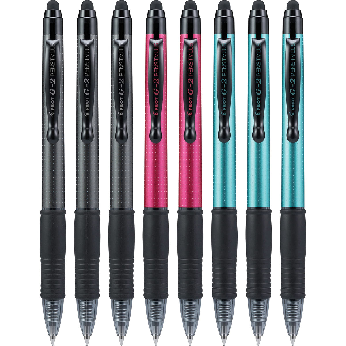 PILOT G2 Pen Stylus, Fine Point, Grey/Red/Turquoise Barrels, Black Ink, 8 Count Box (17210)