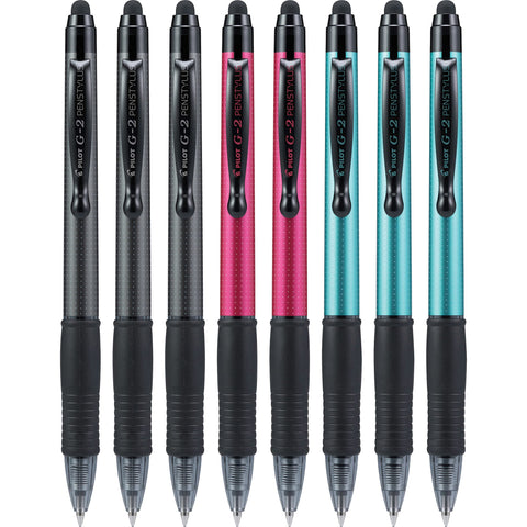 PILOT G2 Pen Stylus, Fine Point, Grey/Red/Turquoise Barrels, Black Ink, 8 Count Box (17210)