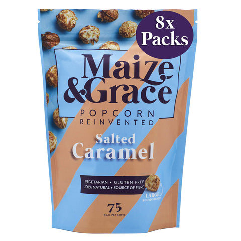 Maize & Grace Gourmet Popcorn (8 x 72g each) - Salted Caramel Popcorn - 100% natural, Vegetarian, Gluten-Free - Healthy Snack - Perfect for your Movie Night Hamper - Made in UK