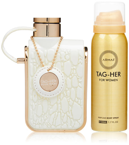 ARMAF Tag Her 4-Piece Set for Women, (3.4 Oz Eau De Parfum + 3.4 Oz Body Lotion + 1.7 Oz Body Spray + 8.4 Oz Body Mist)
