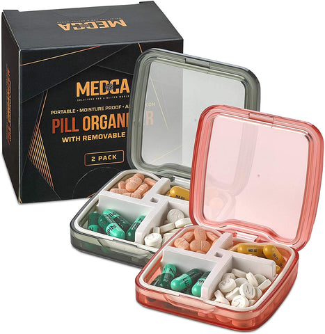 Compact Pill Box Organizers - Pack of 2-Portable Waterproof Medicine Organizer Daily Pill Containers w/ 4 Compartments and Divider, Durable ABS Silicone Pills Case for Pocket or Purse, Black and Pink