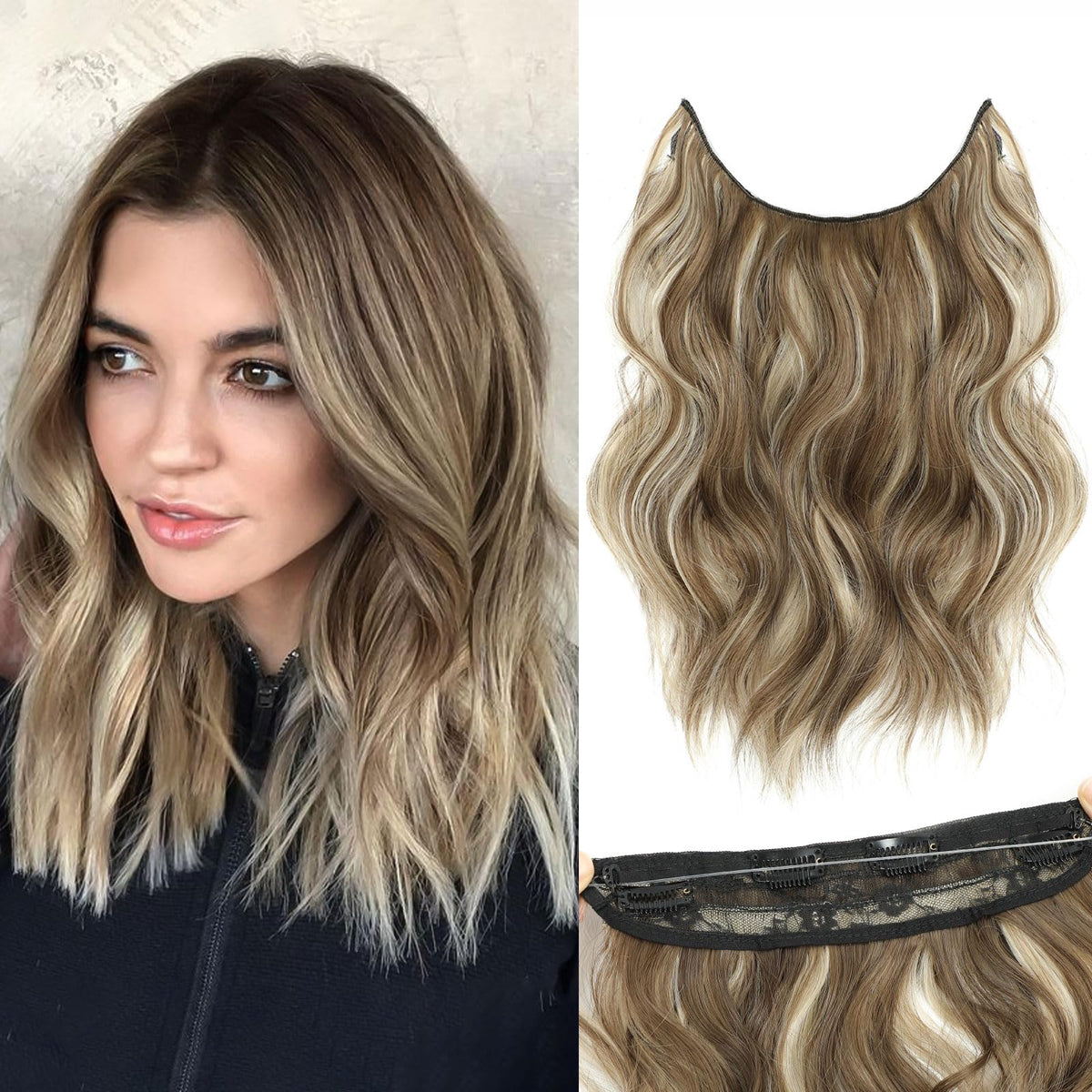 BUPPLER Halo Hair Extensions 12 Inch Invisible Wire Hair Extensions Adjustable Long Wavy Hair Extensions Synthetic Upgrade 4 Secure Clips in Hairpieces 12 Inch,Medium Brown Mix Medium Blonde