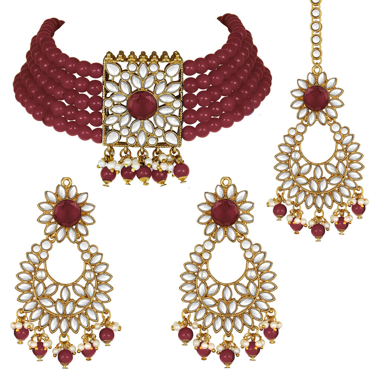 Aheli Jodha Akbar Faux Kundan Pearl Choker Necklace with Earring Maang Tikka Indian Traditional Bollywood Bridal Jewelry Set for Women Girls