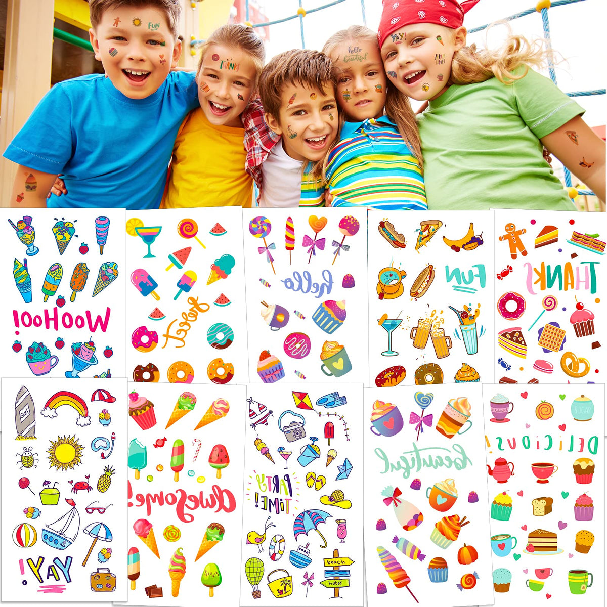 Konsait 10 Sheets Temporary Tattoo Kids Tattoos 180PCS Sweet Fake Tattoos, Ice Cream, Lollies, Cookie, Cake Tattoo Stickers, Sweet Summer Tattoos Sticker for Girl Birthday Party Decor Supplies Favors