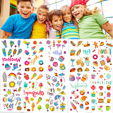 Konsait 10 Sheets Temporary Tattoo Kids Tattoos 180PCS Sweet Fake Tattoos, Ice Cream, Lollies, Cookie, Cake Tattoo Stickers, Sweet Summer Tattoos Sticker for Girl Birthday Party Decor Supplies Favors
