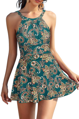 SHEKINI Womens Elegant One Piece Swimdress High Neck Swim Dress Ruched Swim Skirt(Pattern-lcy, Large)