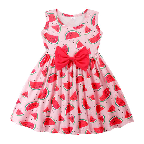 RETSUGO Baby Girls Summer A-Line Dresses Kids Cute Watermelon Sleeveless Outfits for Party Girls Casual Bowknot Dresses Clothes melon-1545-2T