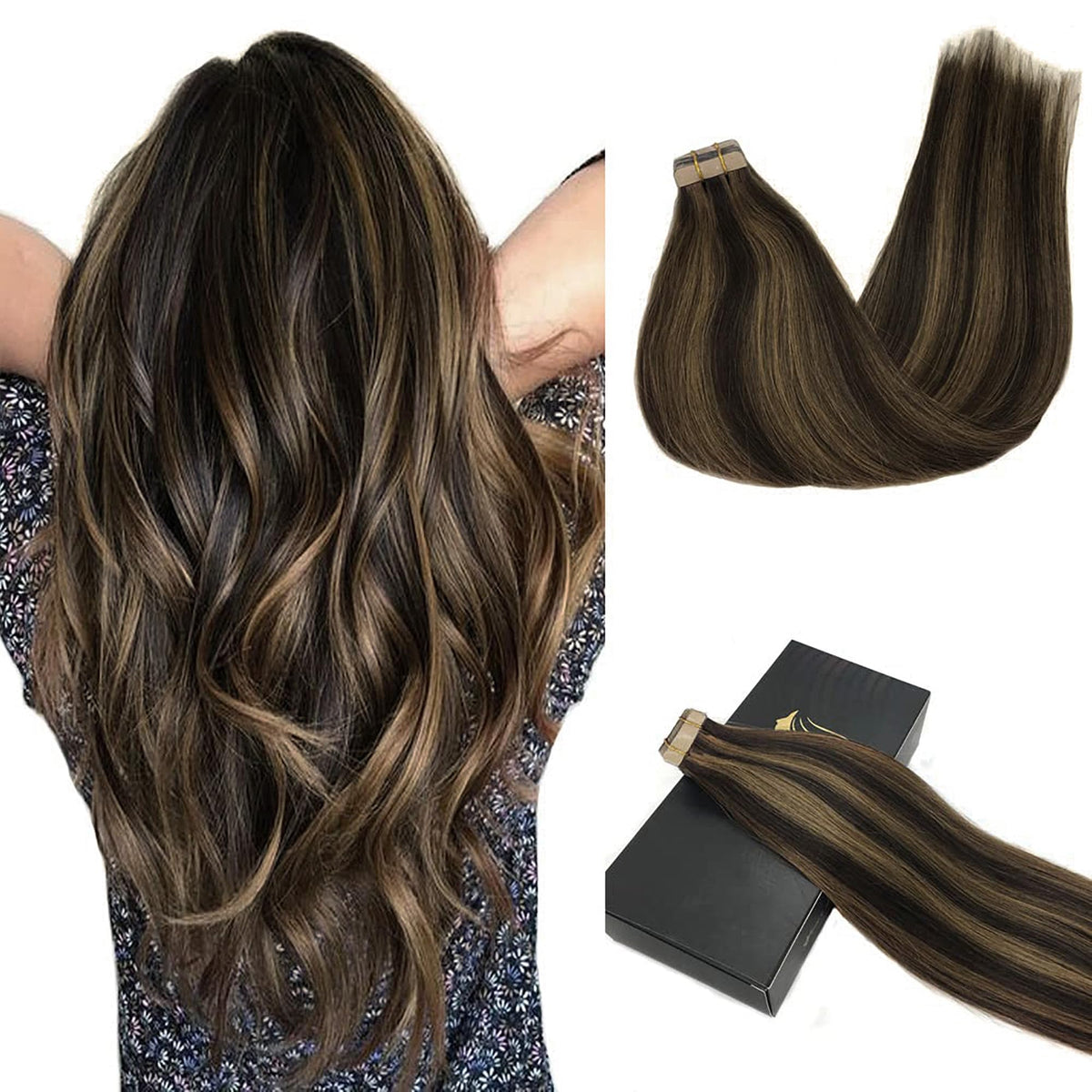 GOO GOO Tape in Hair Extensions Human Hair, 2/6 Dark Brown Highlighted Chestnut Brown, 16inch 50g 20pcs, Thick Ends Straight Seamless Tape in, Invisible Tape in Hair Extensions Human Hair